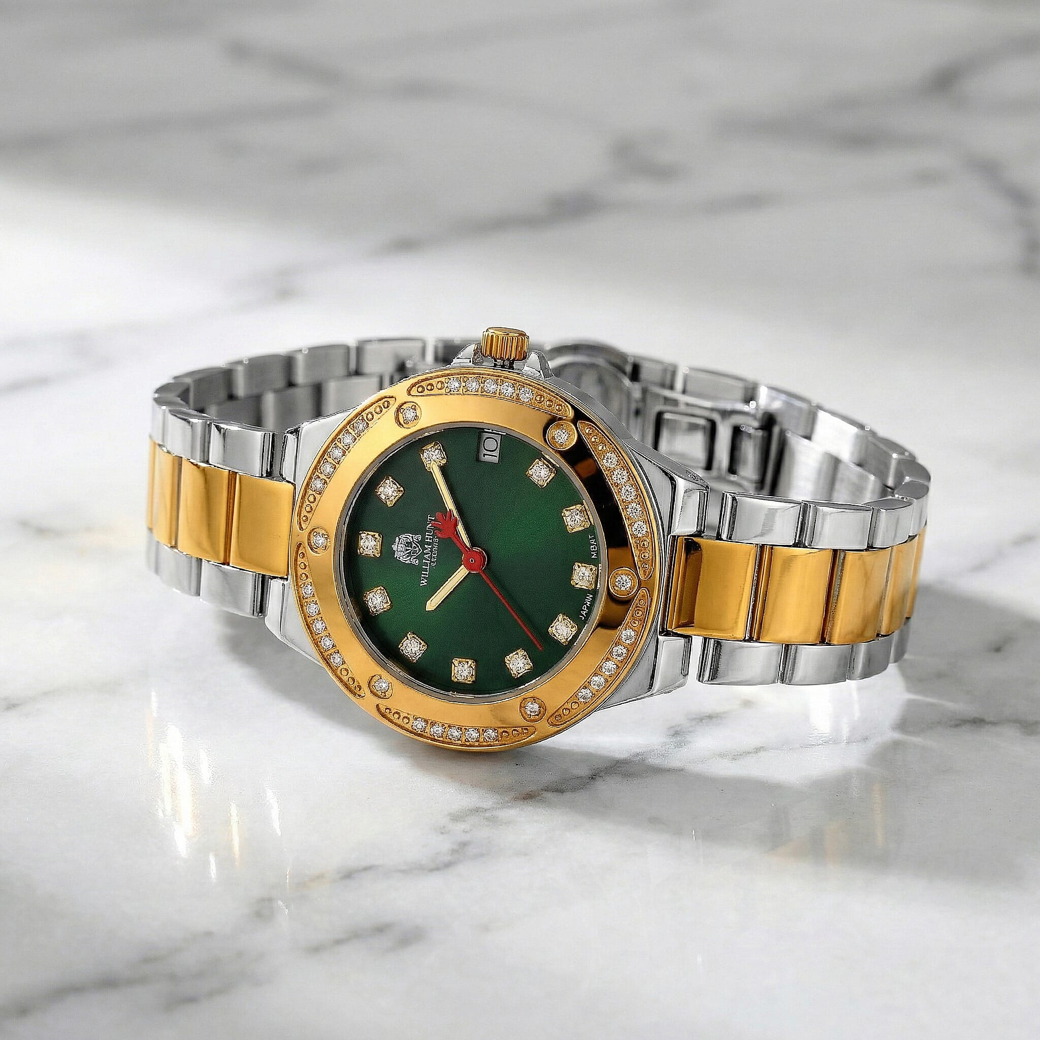 Limited Edition Exclusive William Hunt London Legacy Moissanite Watch With Japanese Miyota Movement, 5ATM Water Resistancy, Calendar Function Presented in a Gift Box - Green